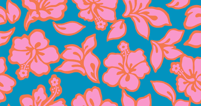 Hand drawn tropical floral prints. Seamless summer flower patterns for fabrics, textiles, clothing, packaging, covers, banner, home decor, hawaiian style backgrounds. Vector illustration.