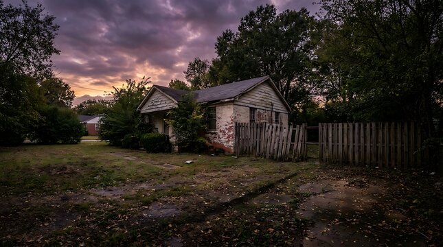 A weathered fixer upper house with peeling paint and a dilapidated wooden fence set against a dramatic, moody sunset sky in a quiet residential neighborhood