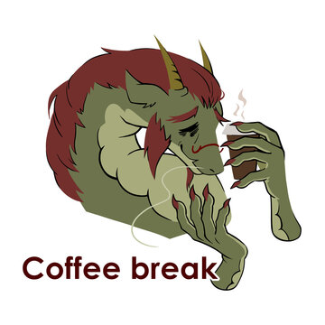 Coffee Break Dragon Sticker | Funny Tired Designer Cartoon Meme