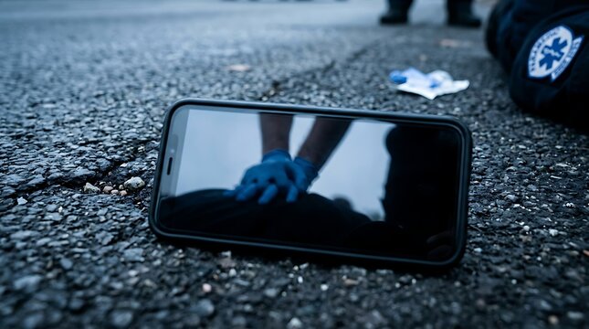 Smartphone on asphalt reflecting emergency medical care with gloved hands performing CPR.