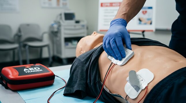 Medical Training Dummy With AED Device During CPR Class.