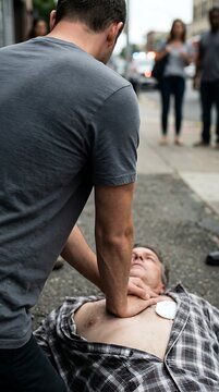 Bystander Administering First Aid to an Unconscious Person on a City Sidewalk.