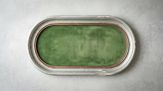 Top-down view of an empty oval horse racing track with green infield and metal railing on a gray surface