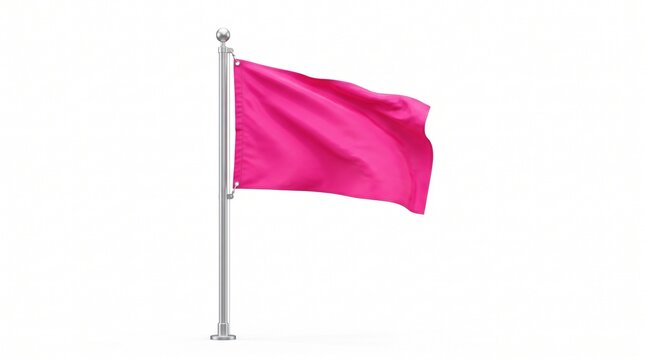 Solid pink flag unfurled on metallic pole against white background, bold symbol of vibrancy, identity, and motion, evoking energy, visibility, and cultural resonance.