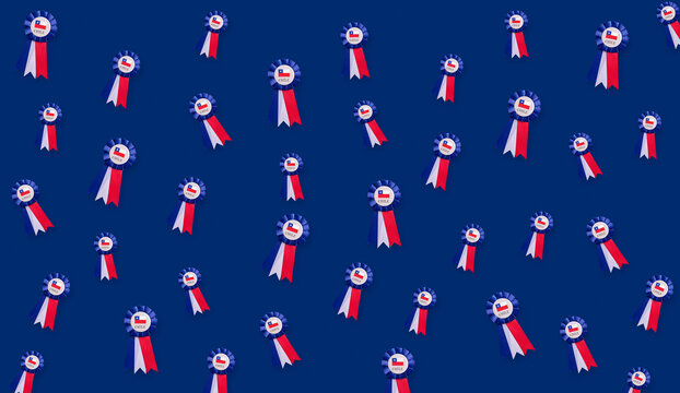 Chilean patriotic celebration 8K panoramic horizontal banner 16:9, seamless pattern featuring traditional national tricolor rosettes and pleated paper ribbons on vibrant blue background