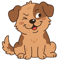 Obraz premium Cute puppy dog winking, happy little dog character illustration, friendly pet mascot design, playful brown dog sitting, funny dog cartoon drawing