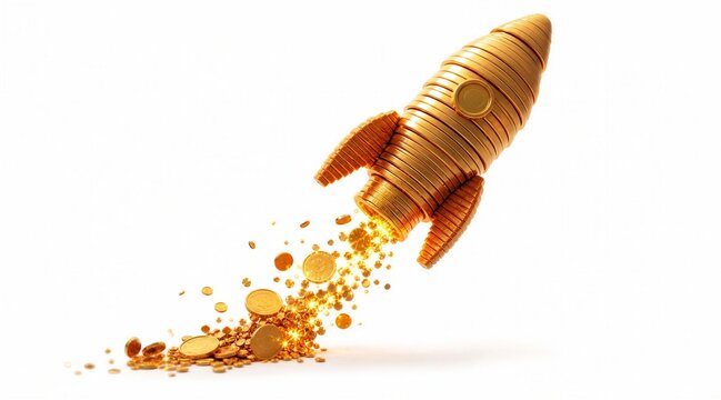 Gold coin rocket launching for financial growth concept