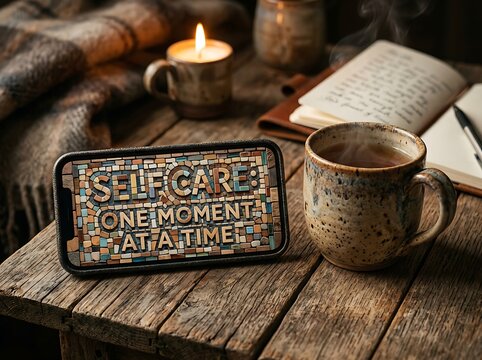 Cozy Self-Care Moment with Smartphone Displaying Motivational Message.