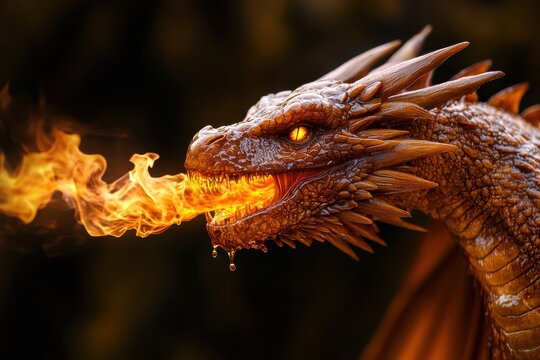 Fantasy dragon head coated in shiny amber syrup breathing hot liquid golden flames