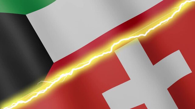 Two waving flags Kuwait and Switzerland with diagonal lightning seamless, 4k loop