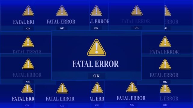 Fatal Error Alert Warning Error Window Pop-up Notification Box On Black Screen.  chaotic computer crash concept for cybersecurity and tech marketing..