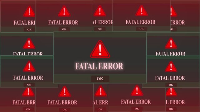 Fatal Error Alert Warning Error Window Pop-up Notification Box On Black Screen.  chaotic computer crash concept for cybersecurity and tech marketing..