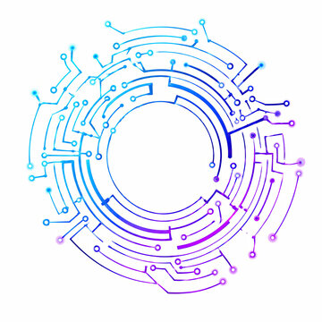 Abstract circular digital circuit board pattern in blue and purple