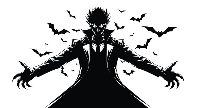 Dark Vampire Character with Bats in Shadowy Atmosphere.