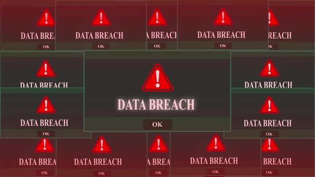 Data Breach Warning Error Window Pop-up Notification Box On Black Screen. Futuristic cybersecurity warning alert showing critical system error and data breach notification on virtual screen in server 