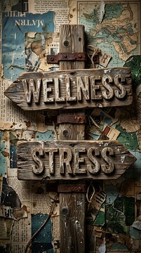 Wooden signpost with arrows pointing to Wellness and Stress against a collage background.
