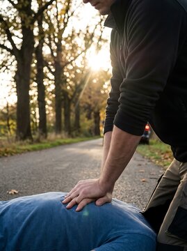 Man performing CPR on another person outdoors during sunset, emergency first aid.