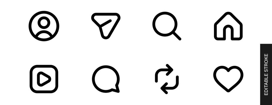 social media line icon set, instagram icons with heart, home, reels, profile, comment, repost, save, and share symbols. social media post interactions, like, comment, share, repost, notification icons
