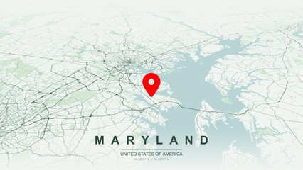 Modern minimalist vector map of Maryland state, USA. High-quality scalable illustration of Maryland state geographic borders, Chesapeake Bay and Potomac River shoreline networks for posters design. © AliRza