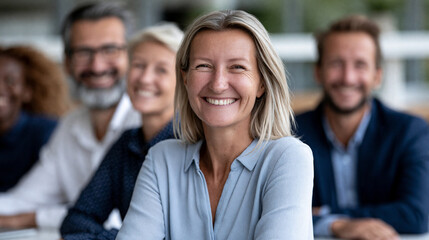 Fototapeta premium Faceless cheerful group of business professionals in modern office gathered around meeting table with bright smiles and engaged postures reflecting productive and happy diverse