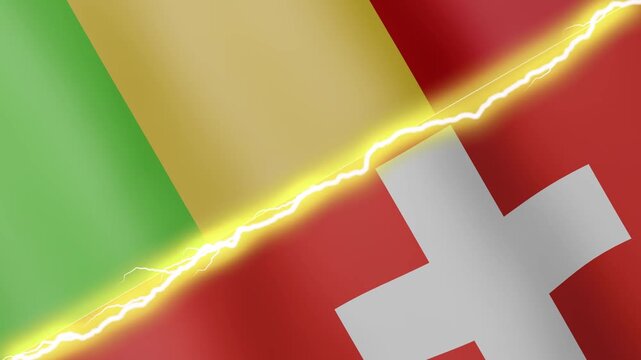 Two waving flags Mali and Switzerland with diagonal lightning seamless, 4k loop