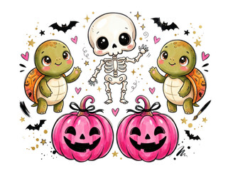 Obraz premium Cute cartoon halloween turtles and little skeleton with pink pumpkins
