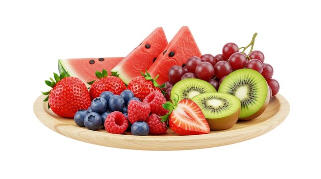 Fresh fruit platter with watermelon, strawberries and kiwi on wooden plate, assortment of organic summer berries and grapes, healthy snack isolated on white