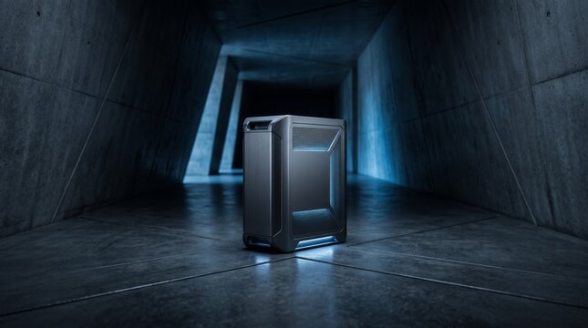 Futuristic high performance computer tower standing alone in a minimalist brutalist concrete corridor with cool blue accent lighting and cinematic cinematic moody atmosphere for technology c