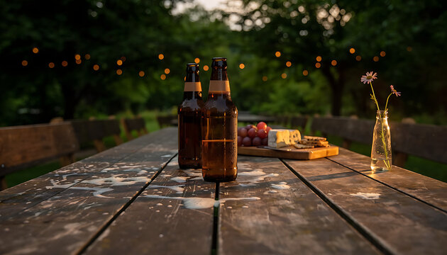 Open Beer Bottles with Cheese Board on Rustic Outdoor Beer Garden Table Summer