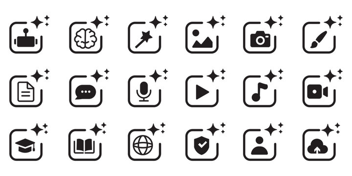 Set of generated AI icons. AI star symbol with a pointed and rounded tip. AI logotype. Artificial intelligence concept. Icon element for app and web. AI icon with shield protected. AI star icon.