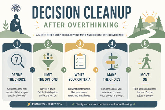 An infographic illustrates a five-step process called Decision Cleanup After Overthinking to help people make choices with confidence.