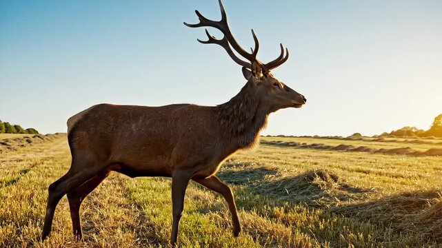 Majestic red deer stag standing in open field at golden hour wildlife animal nature