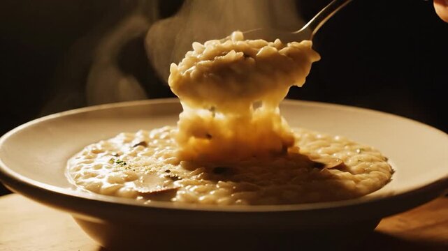 Close-up of a spoon serving steaming hot risotto with mushrooms and herbs, a delicious Italian dish.