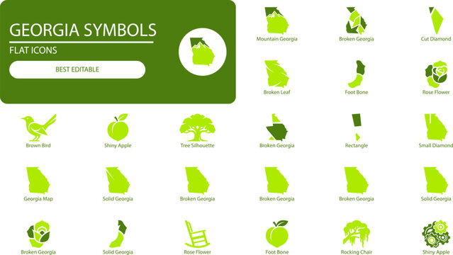 Georgia icons set. Silhouette vector illustration of state map, peach, tree and bird symbols for web design.