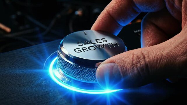 Hand pressing sales growth button with blue light on dark surface
