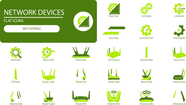Network devices icons set. Silhouette vector illustration of routers, modems and gears for tech design.