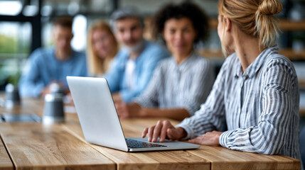 Fototapeta premium Faceless modern office collaborative meeting space with diverse professionals gathered around conference table, inclusive workspace concept, corporate photography, blurred office