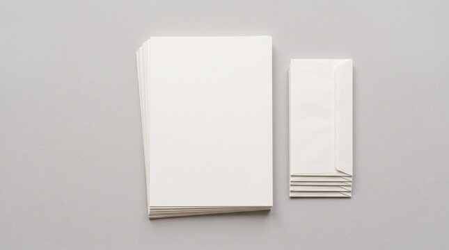 Minimalist stationary mockup with a stack of white paper sheets and envelopes on a clean grey background top view professional branding template for corporate identity design and graphic pre