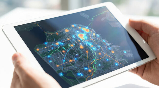Tablet screen showing geographic heatmap with data points and network connections held by person