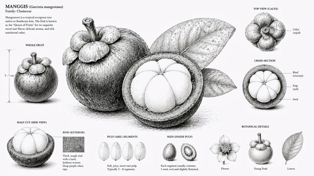 Hand-drawn botanical illustration of Mangosteen (Garcinia mangostana) fruit anatomy and details