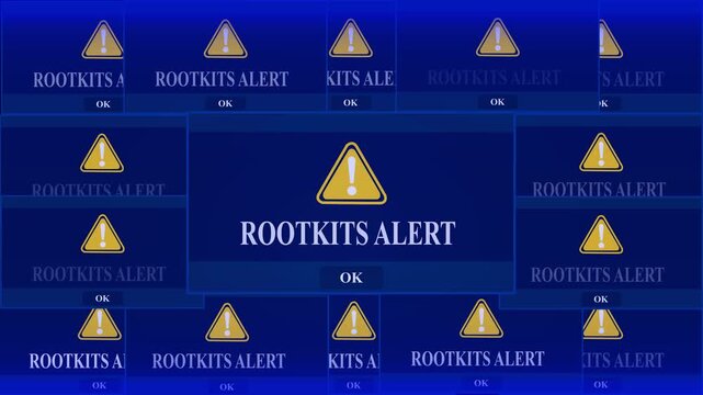 Rootkits Alert Warning Error Window Pop-up Notification Box On Black Screen. Rootkits, alert message, computer concept and new technologies.