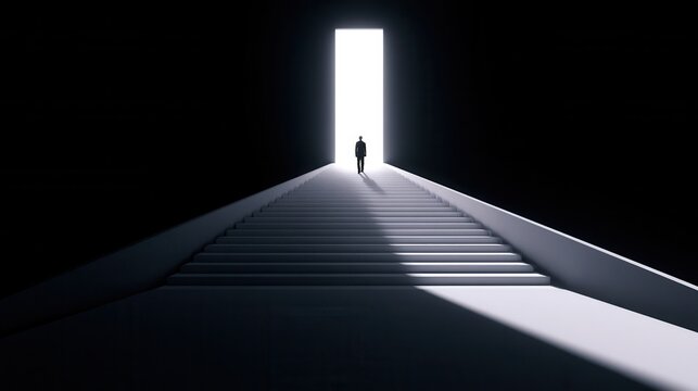 Person walks up a set of stairs toward a bright light coming from an open door in a dark space