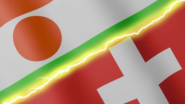 Two waving flags Niger and Switzerland with diagonal lightning seamless, 4k loop