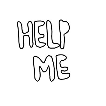 Aesthetic simple "HELP ME" lettering sticker. Minimalist cartoon quote outline icon isolated for scrapbooking, planner, and design asset.