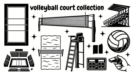 indoor and beach volleyball courts featuring regulation nets boundary lines referee stands grandstands sand courts and professional competition venues arranged as a commercial vector illustration set © Ethan