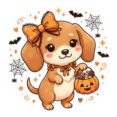 Fototapeta premium Cute puppy holding pumpkin candy bucket halloween illustration