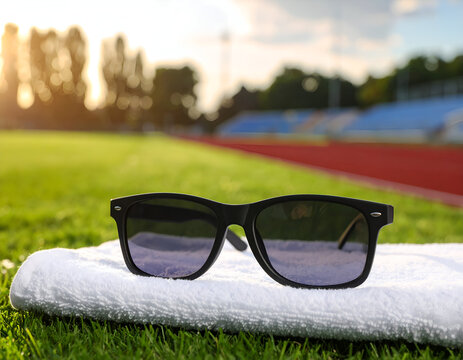Black sunglasses resting on a white cotton towel placed on green grass in front of a running track stadium. Athletic gear, fitness lifestyle, sports equipment.