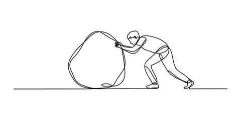 Continuous single line drawing of a man pushing a heavy rock uphill Vector, illustration © Nebaron
