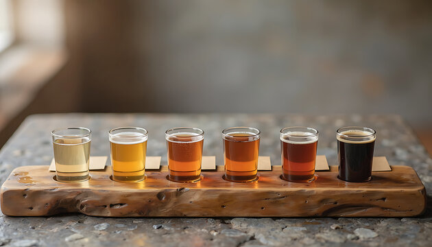 Craft Beer Tasting Flight on Wooden Board with Color Gradient on Stone Surface