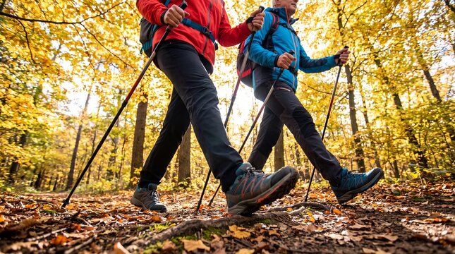 Senior couple nordic walking hiking autumn forest fitness retirement outdoors using trekking poles on a woodland trail for active aging tourism recreation mobility wellness and lifestyle campaigns